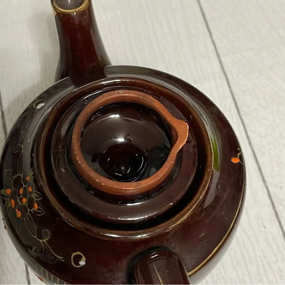 Vintage Hand Painted Japan Brown Floral Ceramic Teapot